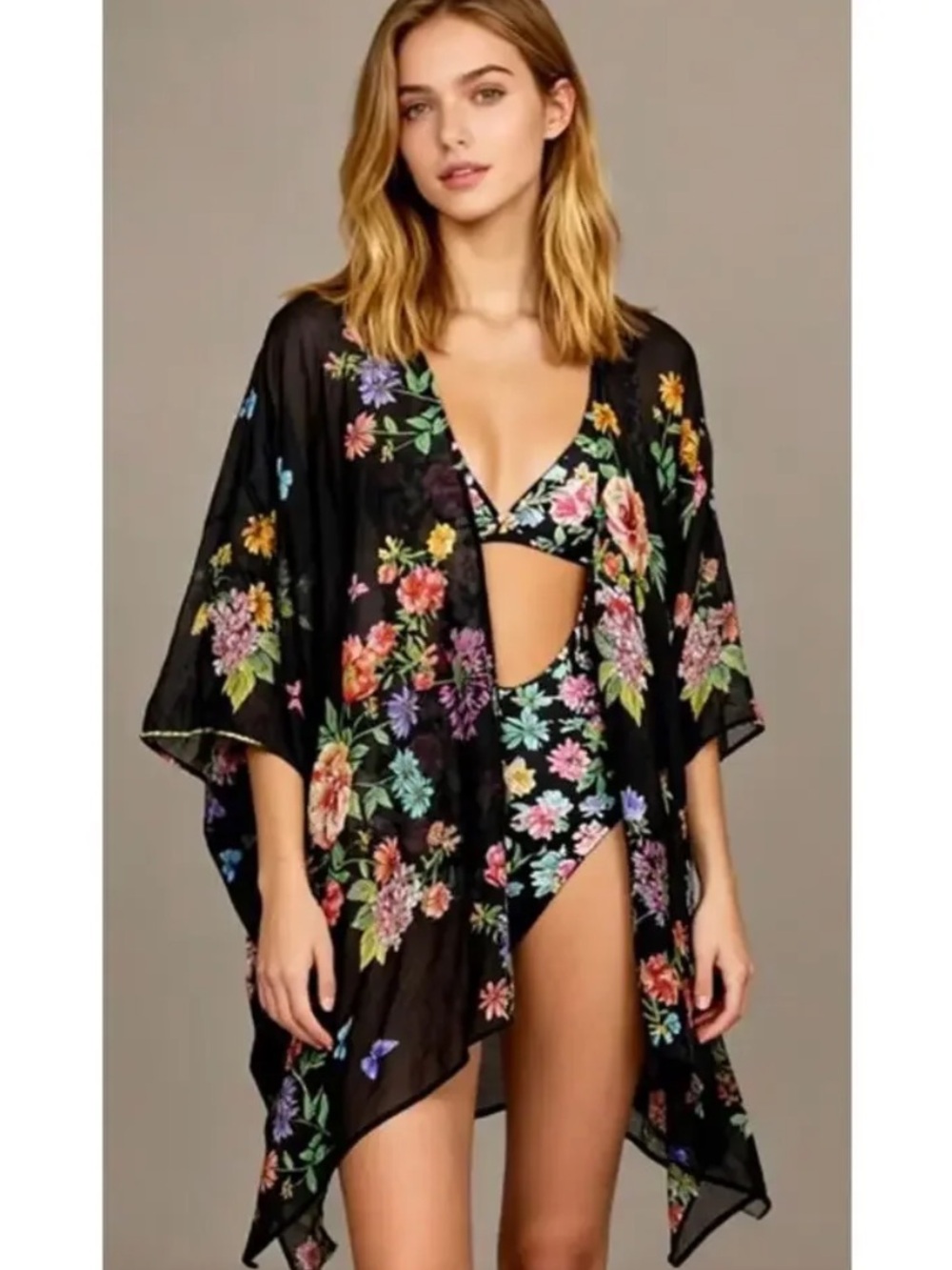 NWT JOHNNY WAS Silk Blend Black Floral Butterfly Kimono L/XL